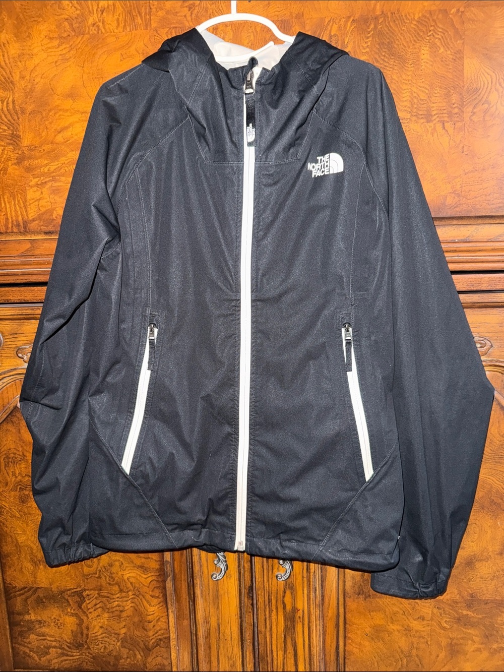 Girls The North Face Black Hooded Rain Shell with White Zippers